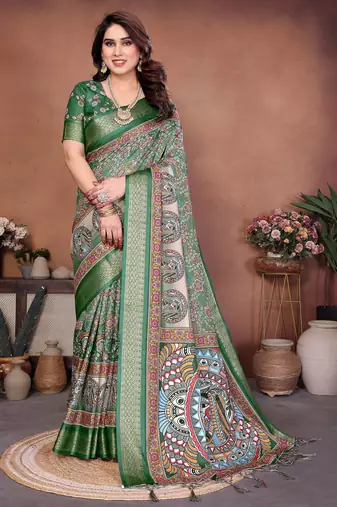 Heavy rich cotton silk digitalprint & jequared rich heavy border with fancy tassel with jacqurd blouse