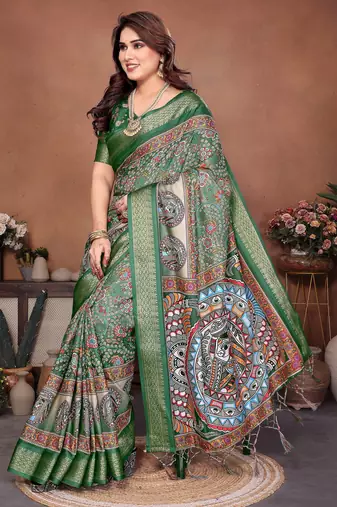 Heavy rich cotton silk digitalprint & jequared rich heavy border with fancy tassel with jacqurd blouse