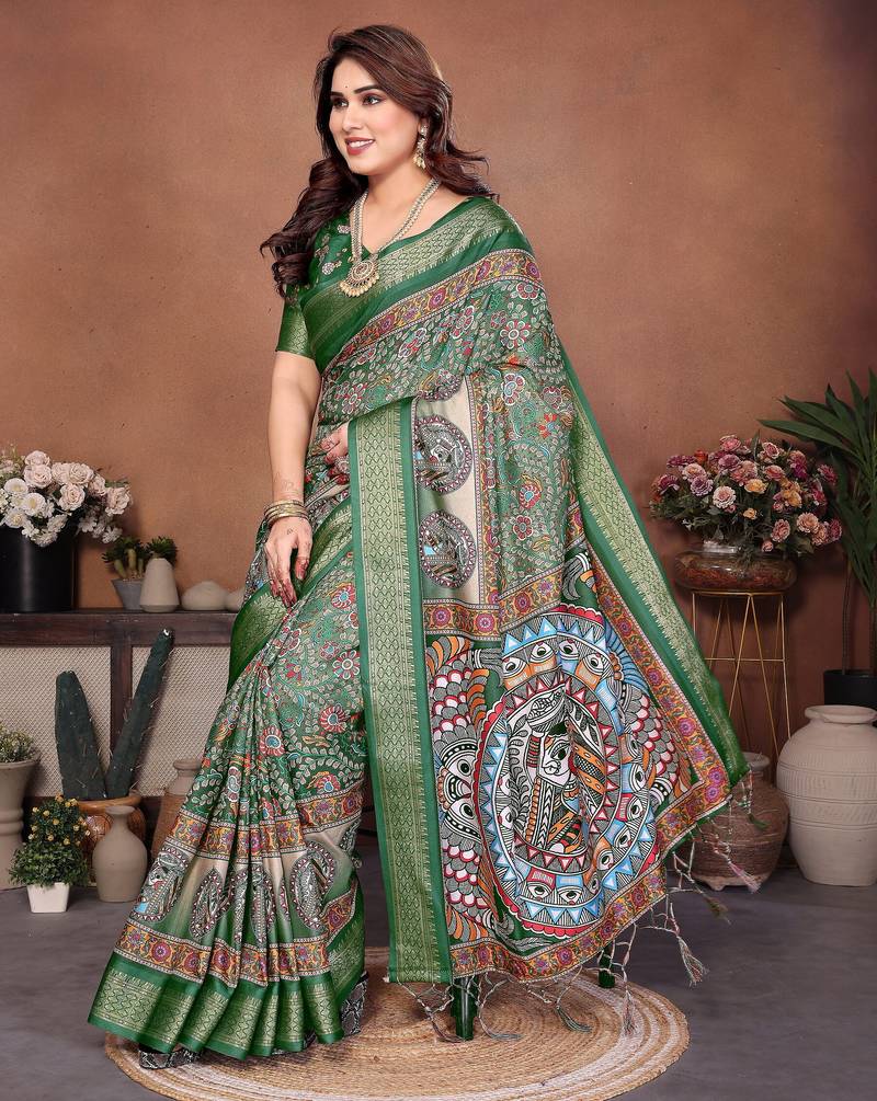 Heavy rich cotton silk digitalprint & jequared rich heavy border with fancy tassel with jacqurd blouse