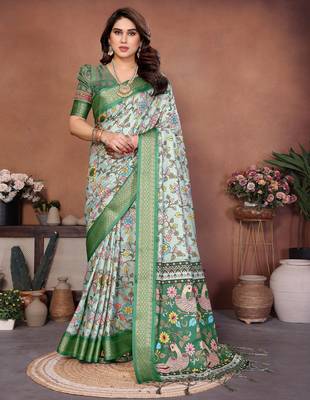 Heavy rich cotton silk digitalprint & jequared rich heavy border with fancy tassel with jacqurd blouse 1