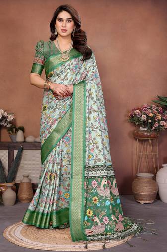 Heavy rich cotton silk digitalprint & jequared rich heavy border with fancy tassel with jacqurd blouse