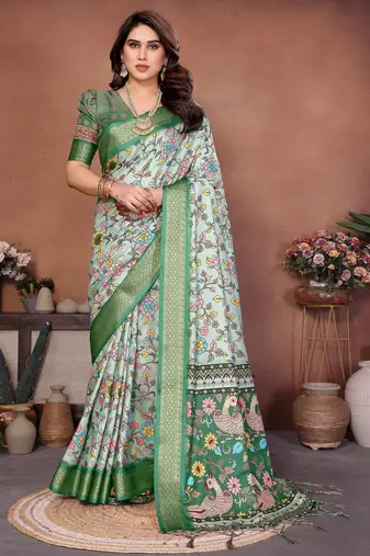 Heavy rich cotton silk digitalprint & jequared rich heavy border with fancy tassel with jacqurd blouse