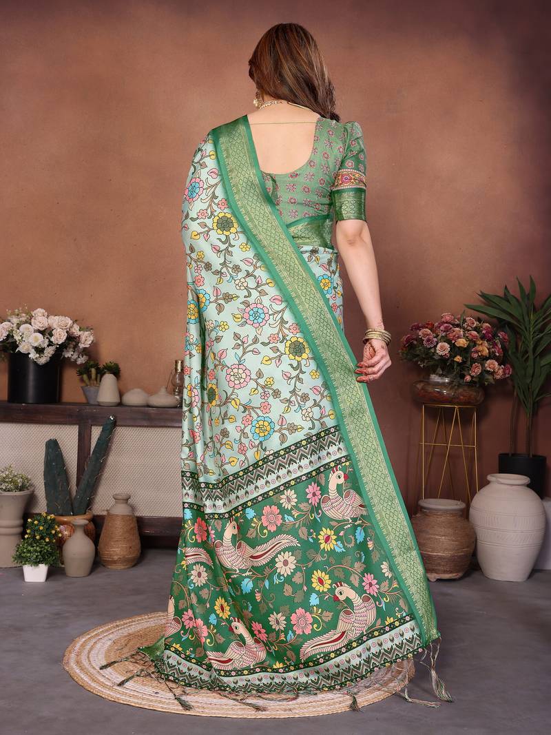 Heavy rich cotton silk digitalprint & jequared rich heavy border with fancy tassel with jacqurd blouse