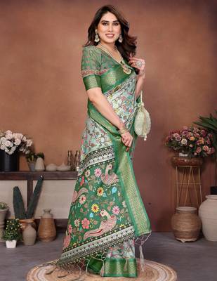 Heavy rich cotton silk digitalprint & jequared rich heavy border with fancy tassel with jacqurd blouse 3