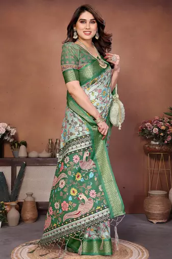 Heavy rich cotton silk digitalprint & jequared rich heavy border with fancy tassel with jacqurd blouse