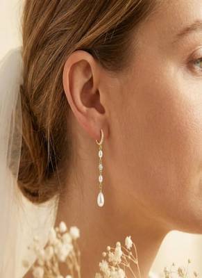 Elegant Freshwater Pearl Drop Hoop Earrings     Gold Bridal Jewelry 2