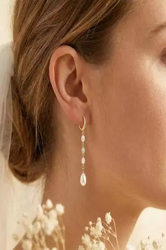 Elegant Freshwater Pearl Drop Hoop Earrings     Gold Bridal Jewelry