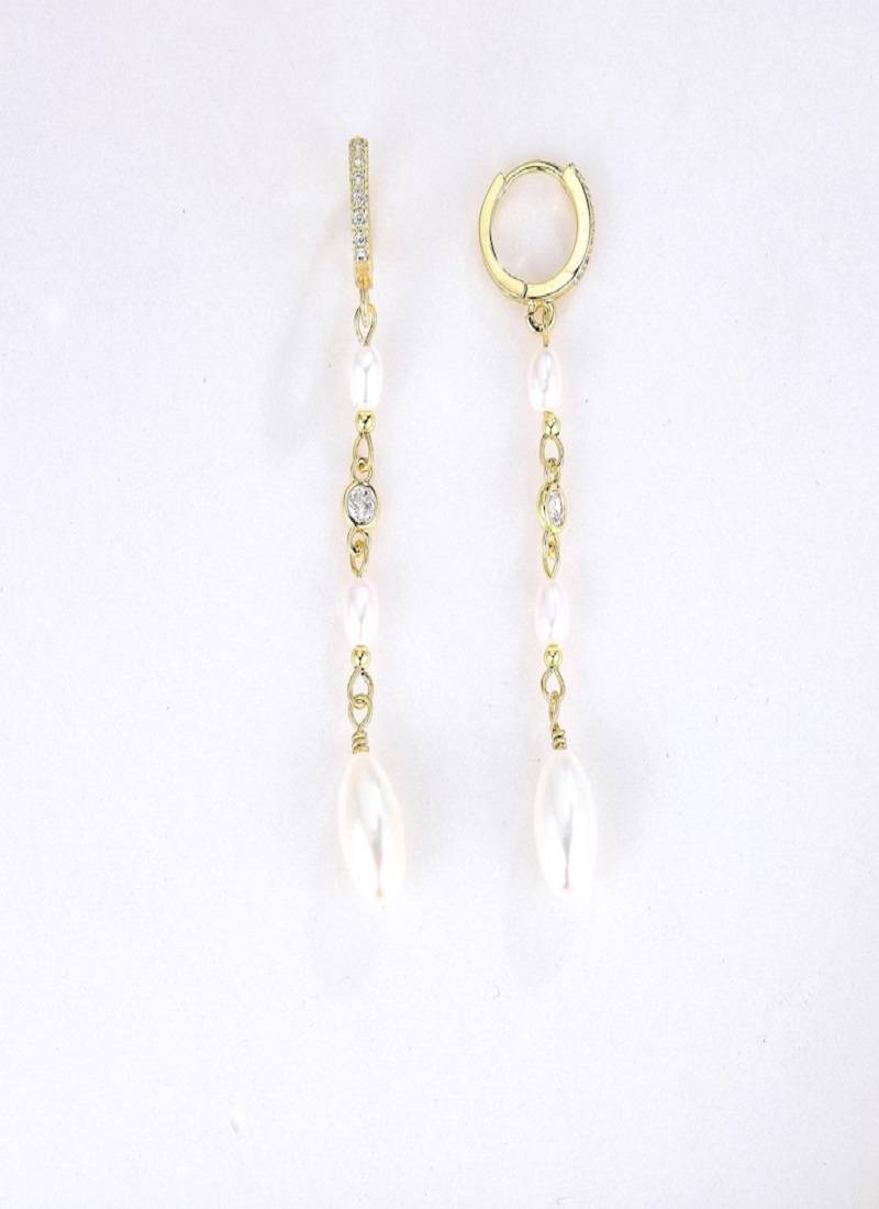 Elegant Freshwater Pearl Drop Hoop Earrings     Gold Bridal Jewelry