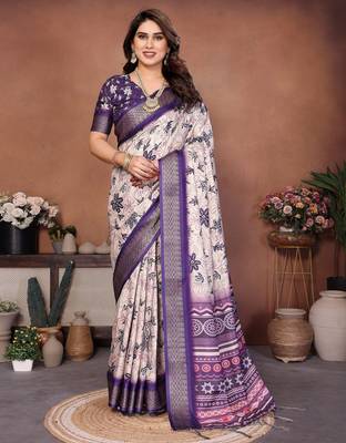 Heavy rich cotton silk digitalprint & jequared rich heavy border with fancy tassel with jacqurd blouse 1
