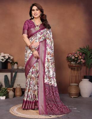 Heavy rich cotton silk digitalprint & jequared rich heavy border with fancy tassel with jacqurd blouse 1