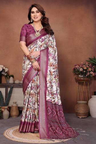 Heavy rich cotton silk digitalprint & jequared rich heavy border with fancy tassel with jacqurd blouse