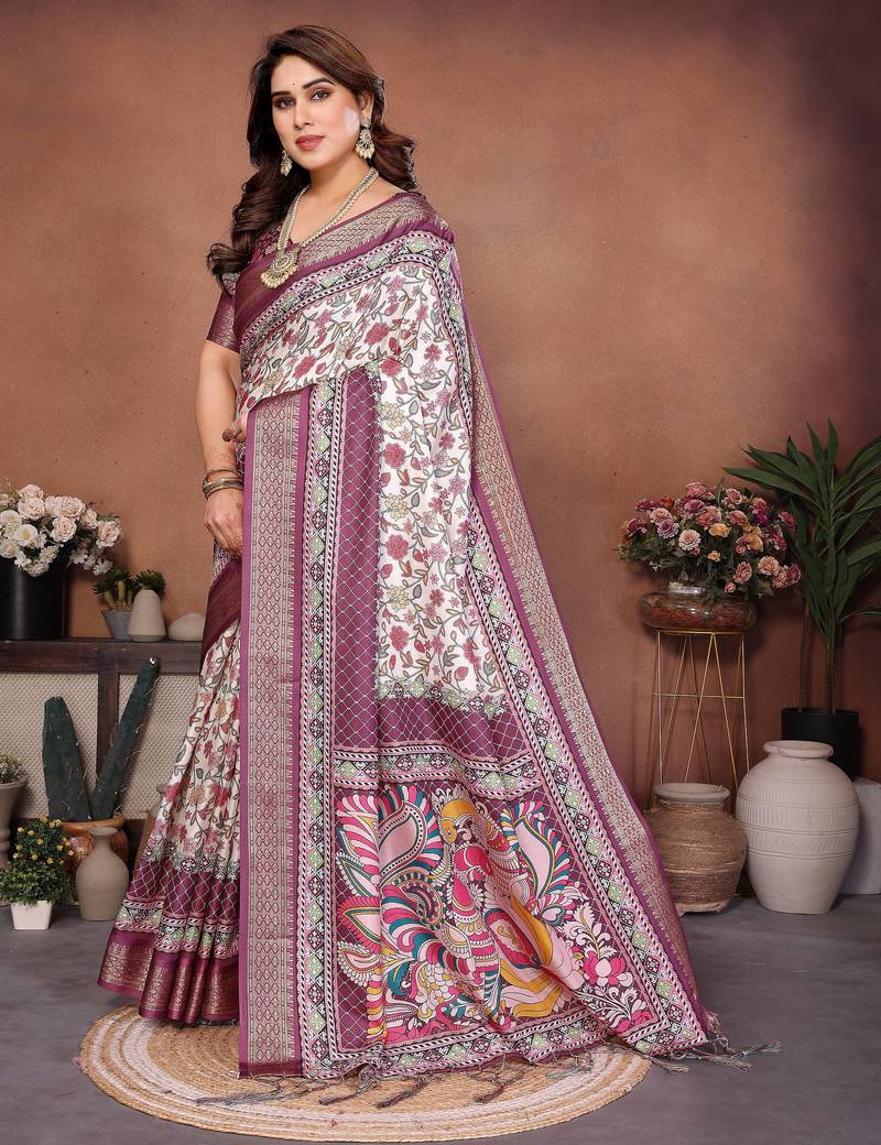 Heavy rich cotton silk digitalprint & jequared rich heavy border with fancy tassel with jacqurd blouse