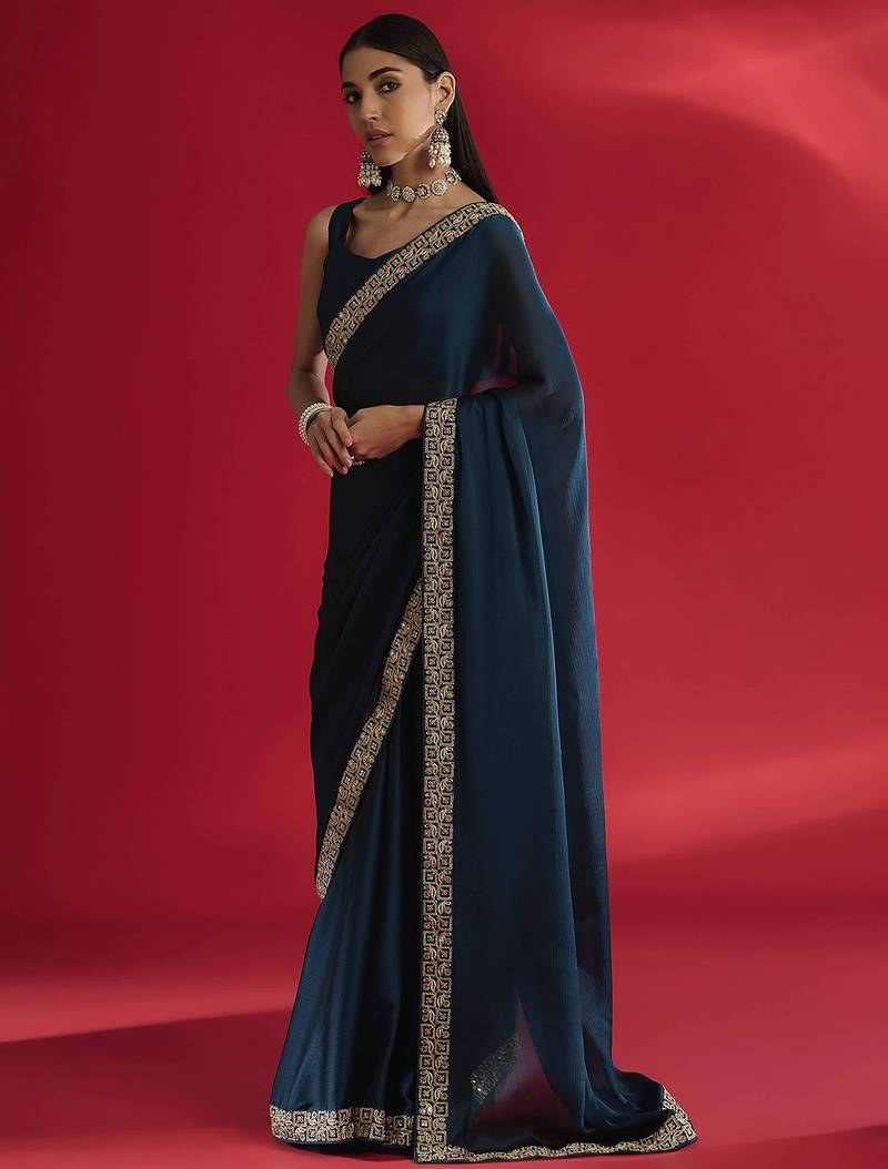 Blue heavy rangoli silk with embroidery sequence  & coding work lace border saree with blouse