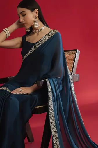 Blue heavy rangoli silk with embroidery sequence  & coding work lace border saree with blouse