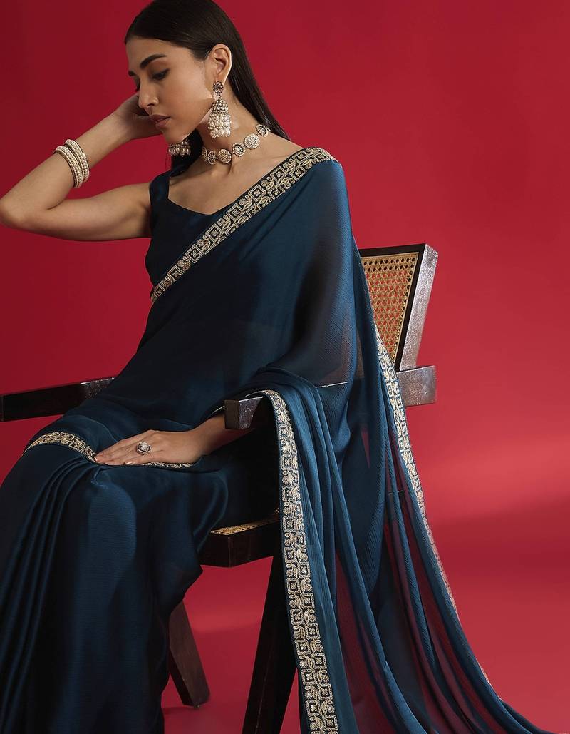 Blue heavy rangoli silk with embroidery sequence  & coding work lace border saree with blouse
