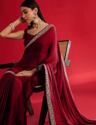 Red heavy rangoli silk with embroidery sequence  & coding work lace border saree with blouse 4