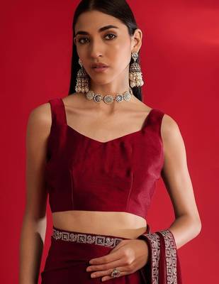 Red heavy rangoli silk with embroidery sequence  & coding work lace border saree with blouse 5