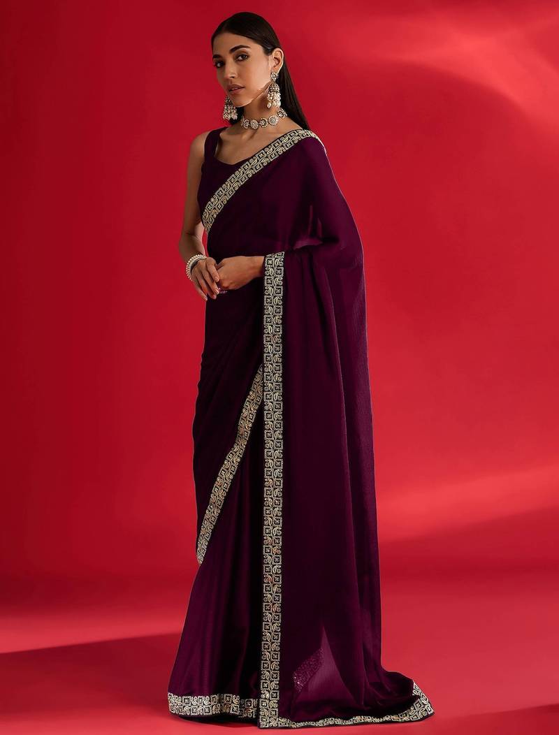 Wine heavy rangoli silk with embroidery sequence  & coding work lace border saree with blouse