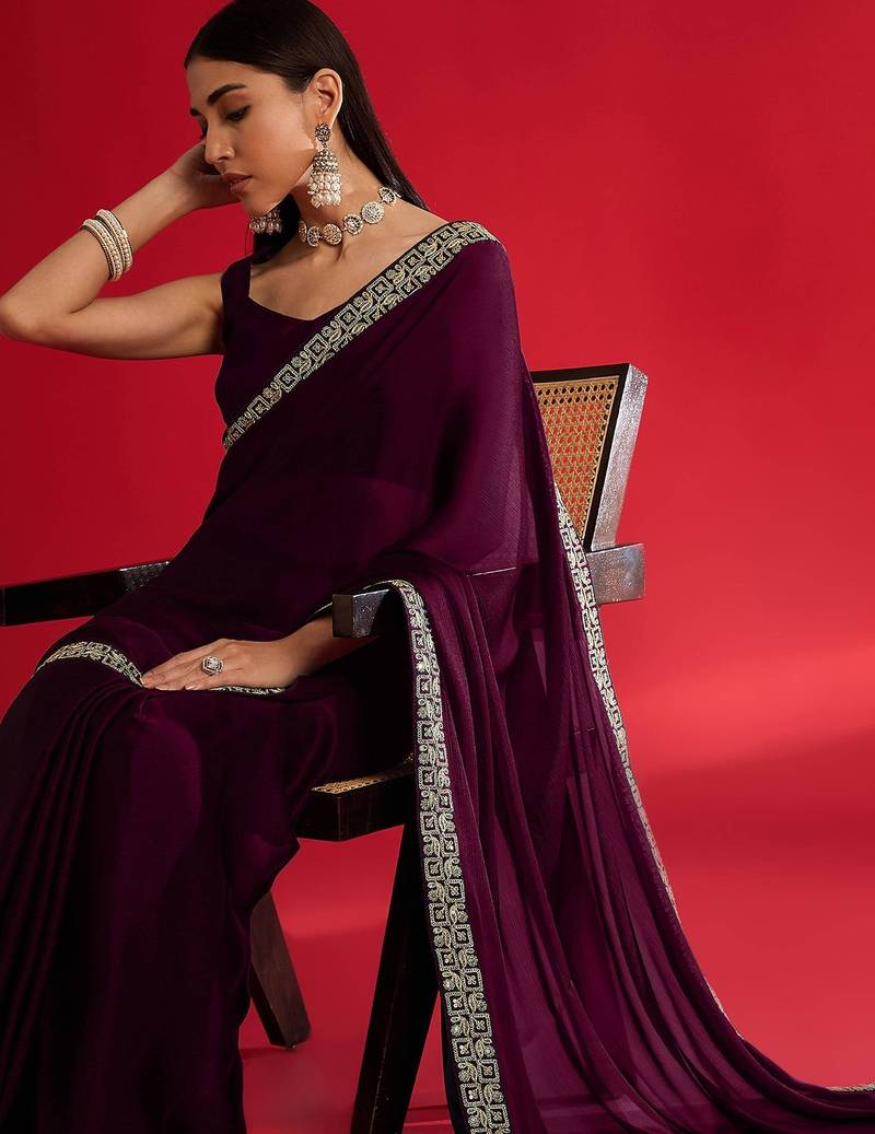 Wine heavy rangoli silk with embroidery sequence  & coding work lace border saree with blouse
