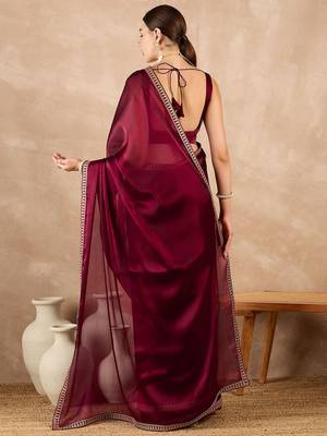 Magenta heavy rangoli with embroidery sequence fancy lace border with blouse 3