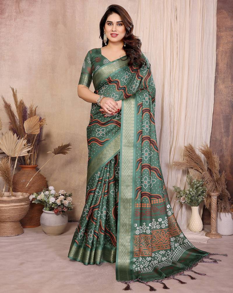 Premium soft aura cotton silk &  bandhej print saree with blouse