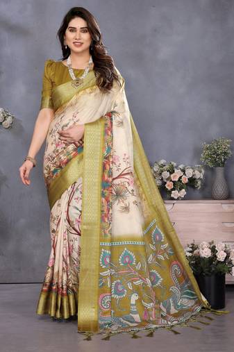 Olive cotton silk digital print & jequared fancy tassel blouse