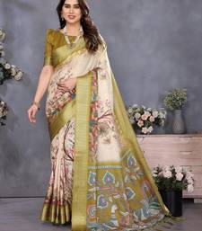 Olive cotton silk digital print & jequared fancy tassel blouse