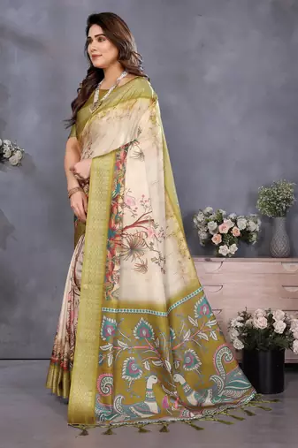 Olive cotton silk digital print & jequared fancy tassel blouse