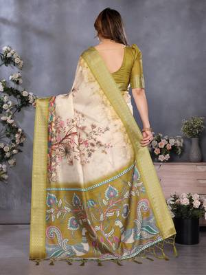 Olive cotton silk digital print & jequared fancy tassel blouse 3