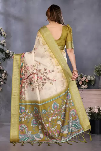 Olive cotton silk digital print & jequared fancy tassel blouse