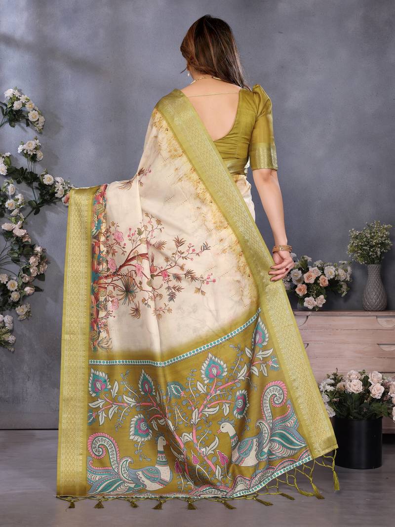 Olive cotton silk digital print & jequared fancy tassel blouse