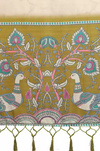 Olive cotton silk digital print & jequared fancy tassel blouse