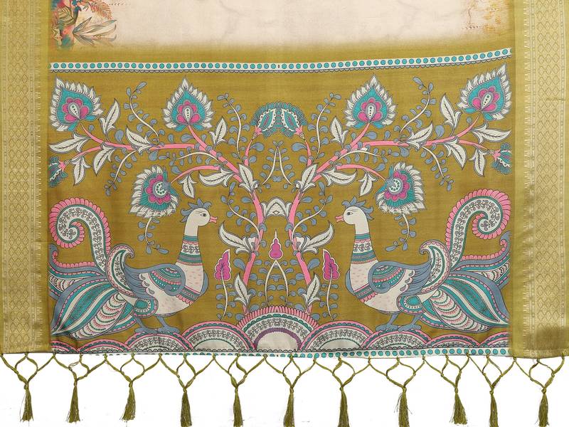 Olive cotton silk digital print & jequared fancy tassel blouse