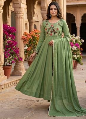Women's new trendy light green embroidered anarkali suit with pant & dupatta set 1