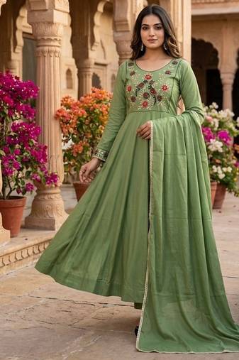 Women's new trendy light green embroidered anarkali suit with pant & dupatta set