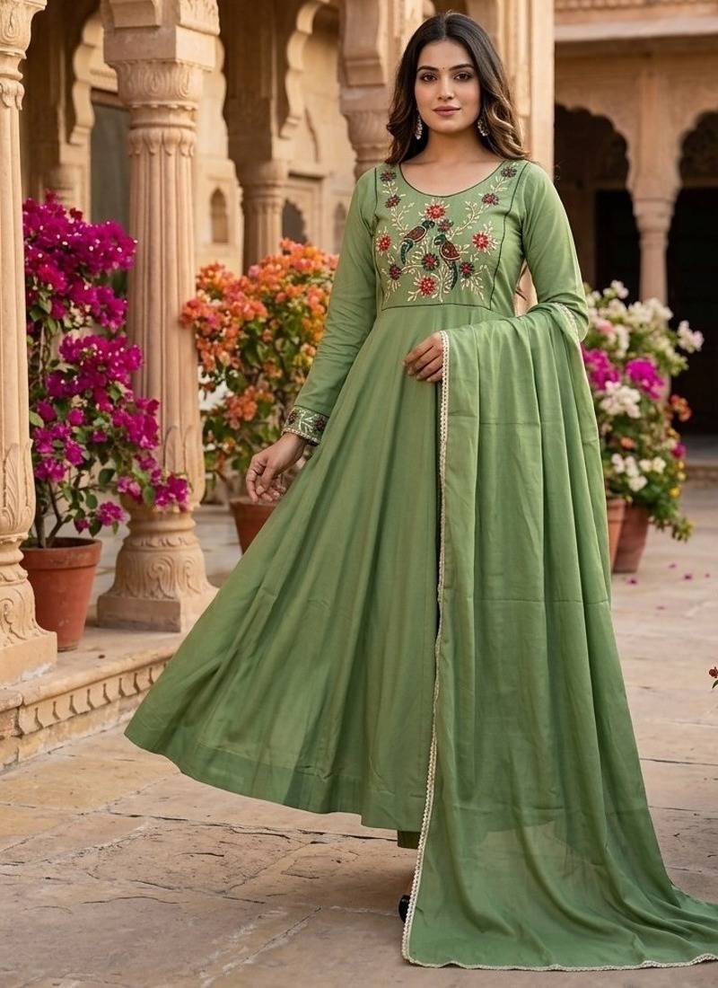 Women's new trendy light green embroidered anarkali suit with pant & dupatta set