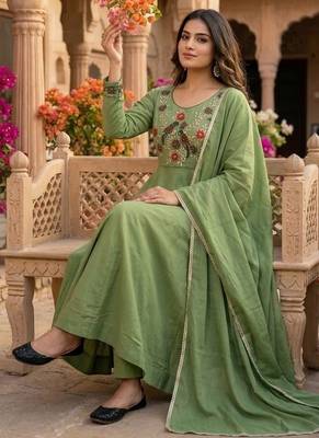Women's new trendy light green embroidered anarkali suit with pant & dupatta set 2