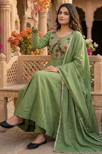 Women's new trendy light green embroidered anarkali suit with pant & dupatta set