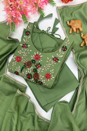 Women's new trendy light green embroidered anarkali suit with pant & dupatta set