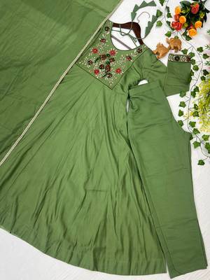 Women's new trendy light green embroidered anarkali suit with pant & dupatta set 4