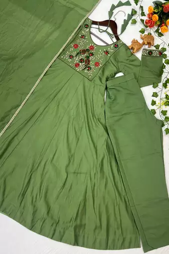 Women's new trendy light green embroidered anarkali suit with pant & dupatta set