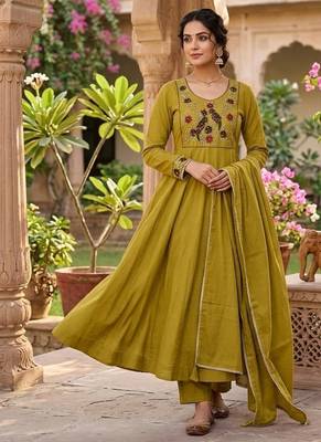 Women's new trendy olive green embroidered anarkali suit with pant & dupatta set 1