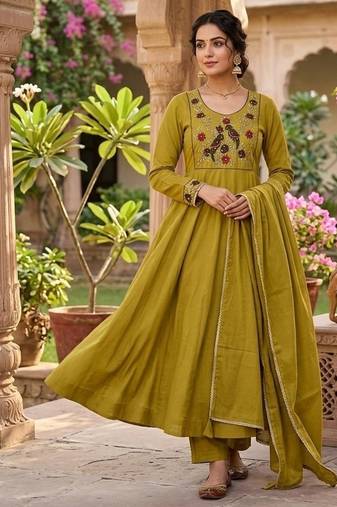 Women's new trendy olive green embroidered anarkali suit with pant & dupatta set