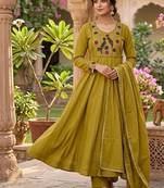 Women's new trendy olive green embroidered anarkali suit with pant & dupatta set