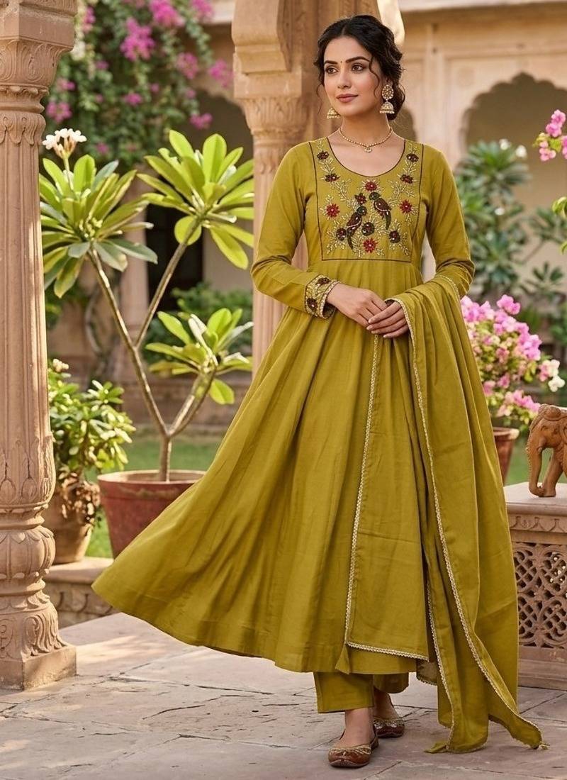 Women's new trendy olive green embroidered anarkali suit with pant & dupatta set