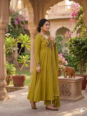 Women's new trendy olive green embroidered anarkali suit with pant & dupatta set 2