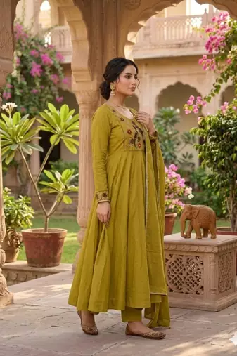 Women's new trendy olive green embroidered anarkali suit with pant & dupatta set
