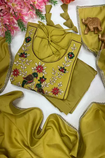 Women's new trendy olive green embroidered anarkali suit with pant & dupatta set