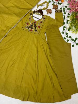 Women's new trendy olive green embroidered anarkali suit with pant & dupatta set 4