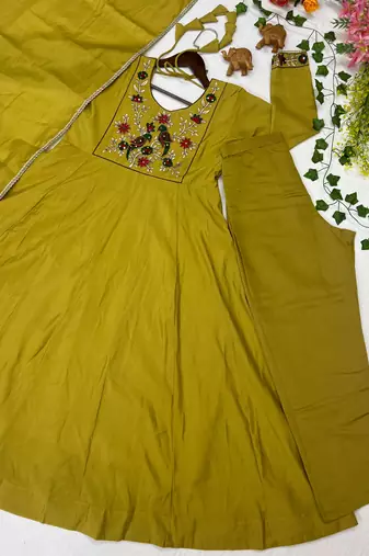 Women's new trendy olive green embroidered anarkali suit with pant & dupatta set